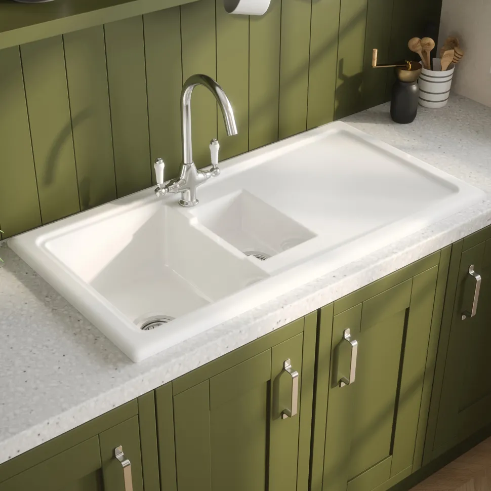 Reginox Contemporary 1.5 Bowl White Ceramic Kitchen Sink & Waste Kit with Reversible Drainer - 1000 x 500mm