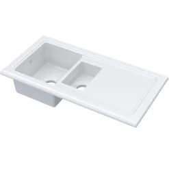 Reginox Contemporary 1.5 Bowl White Ceramic Kitchen Sink & Waste Kit with Reversible Drainer - 1000 x 500mm