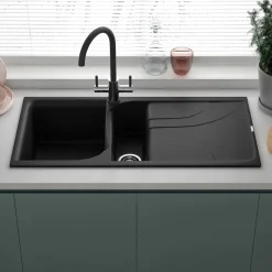 Reginox Ego Black Spek Granite 1.5 Bowl Kitchen Sink & Vellamo Caspian Dual Lever Mono Kitchen Mixer