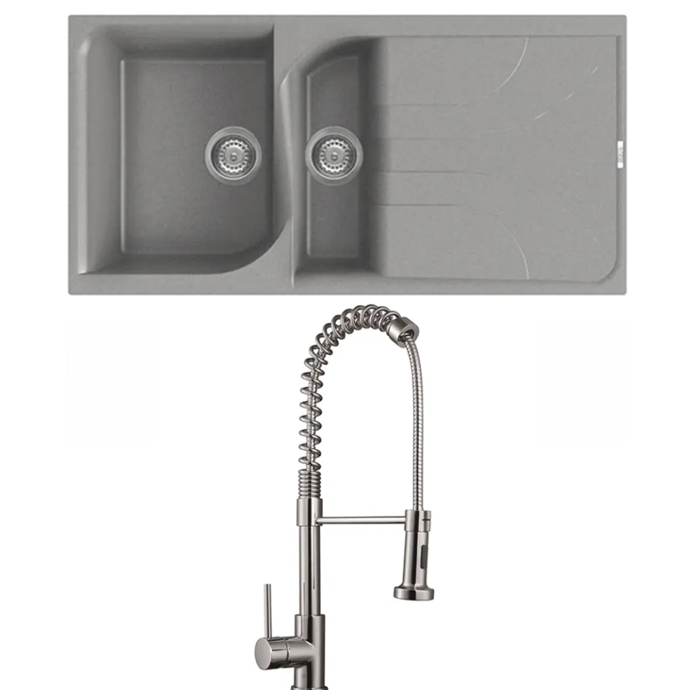 Reginox Ego Titanium Grey Granite Composite 1.5 Bowl Kitchen Sink & Vellamo FlexiSpray Mixer Tap