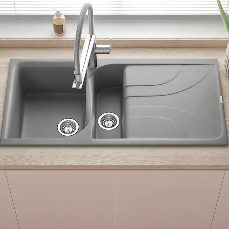 Reginox Ego Titanium Grey Granite Composite 1.5 Bowl Kitchen Sink & Vellamo FlexiSpray Mixer Tap