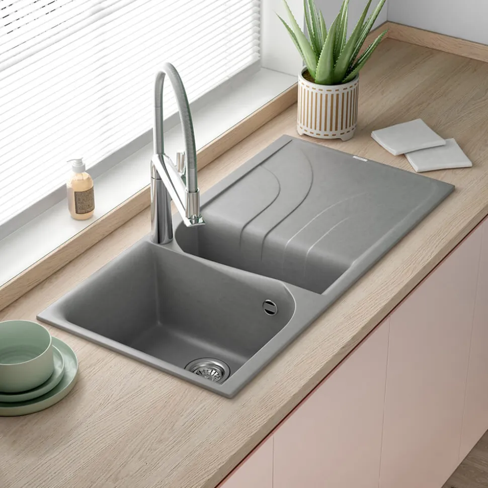 Reginox Ego Titanium Spek Granite Composite 1.5 Bowl Kitchen Sink & Vellamo Caspian Mono Mixer Tap
