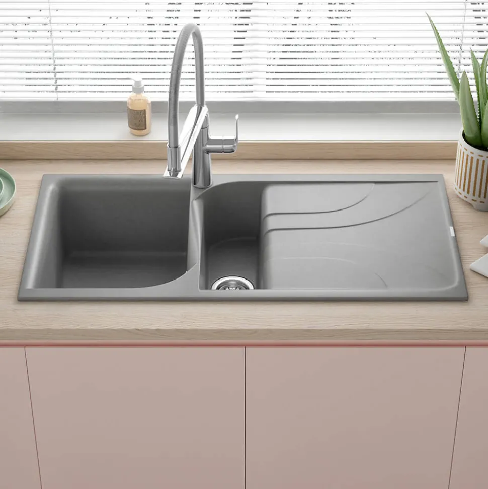 Reginox Ego Titanium Spek Granite Composite 1.5 Bowl Kitchen Sink & Vellamo Caspian Mono Mixer Tap