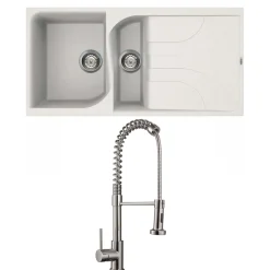 Reginox Ego White Granite Composite 1.5 Bowl Kitchen Sink & Vellamo FlexiSpray Kitchen Mixer