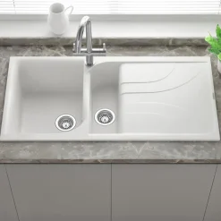 Reginox Ego White Granite Composite 1.5 Bowl Kitchen Sink & Vellamo FlexiSpray Kitchen Mixer