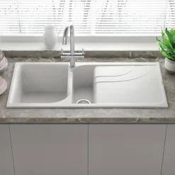 Reginox Ego White Granite Composite 1.5 Bowl Kitchen Sink & Vellamo FlexiSpray Kitchen Mixer