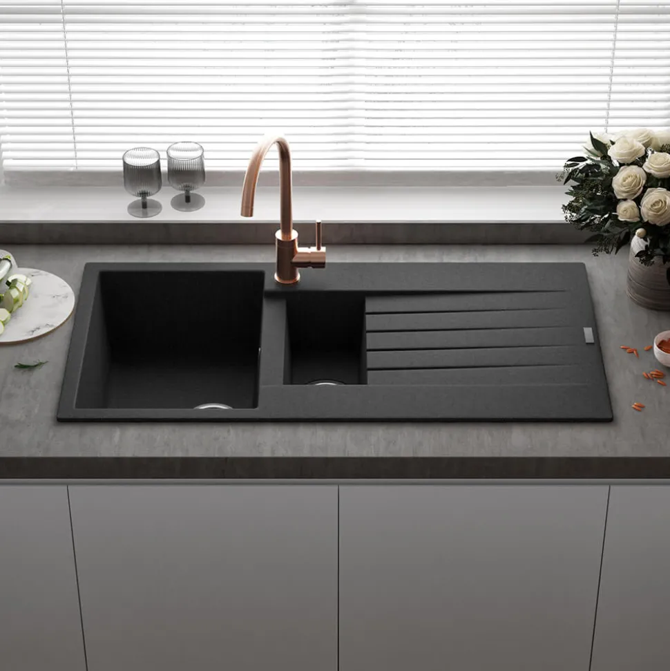 Reginox Harlem 1.5 Bowl Black Silvery Granite Composite Sink & Waste Kit and Vellamo Koro Black Mono Kitchen Mixer