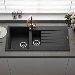 Reginox Harlem 1.5 Bowl Black Silvery Granite Composite Sink & Waste Kit and Vellamo Hanbury Pull Out Mono Kitchen Mixer