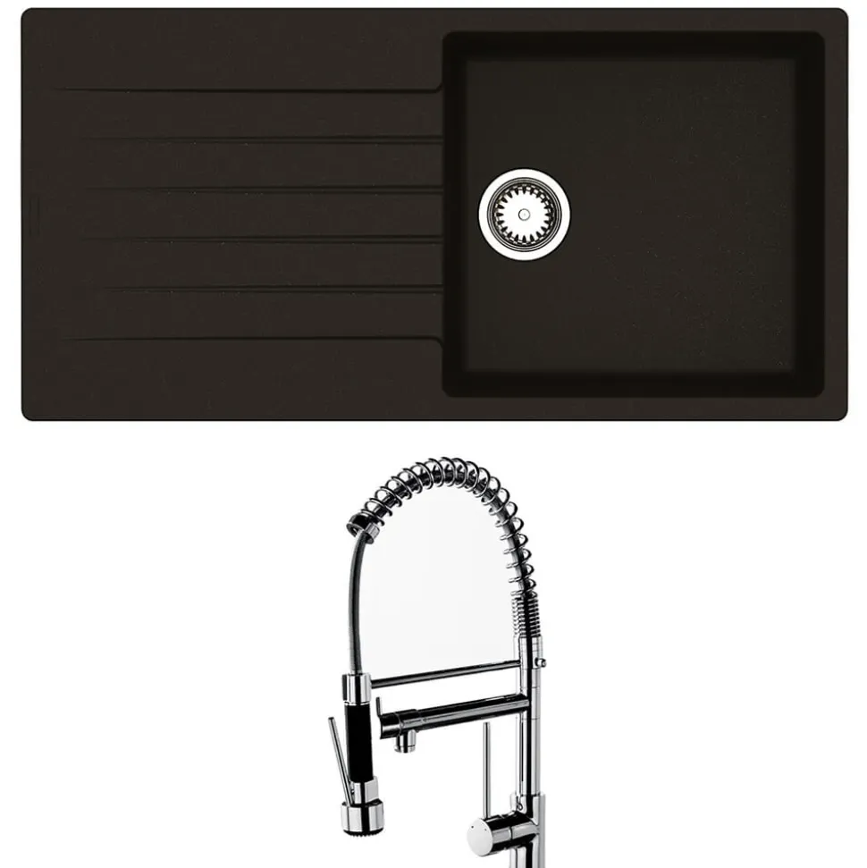 Reginox Harlem 1 Bowl Black Silvery Granite Composite Sink & Waste Kit and Vellamo Hanbury Pull Out Mono Kitchen Mixer
