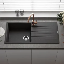 Reginox Harlem 1 Bowl Black Silvery Granite Composite Sink & Waste Kit and Vellamo Hanbury Pull Out Mono Kitchen Mixer