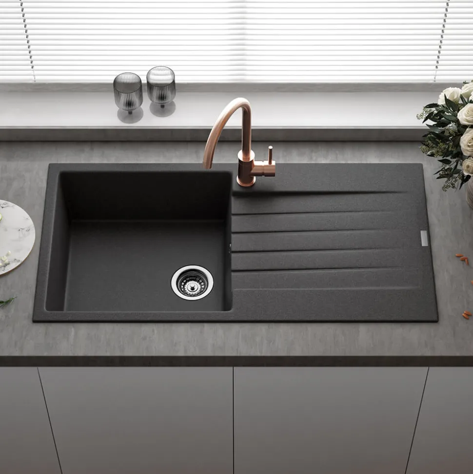 Reginox Harlem 1 Bowl Black Silvery Granite Composite Sink & Waste Kit and Vellamo Hanbury Pull Out Mono Kitchen Mixer