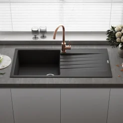 Reginox Harlem 1 Bowl Black Silvery Granite Composite Sink & Waste Kit and Vellamo Hanbury Pull Out Mono Kitchen Mixer