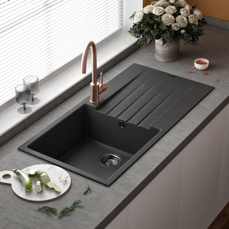 Reginox Harlem 1 Bowl Black Silvery Granite Composite Sink & Waste Kit and Vellamo Hanbury Pull Out Mono Kitchen Mixer