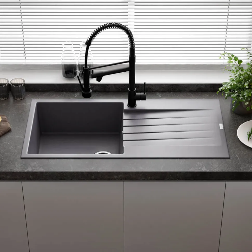 Reginox Harlem 1 Bowl Grey Silvery Granite Composite Sink & Waste Kit and Vellamo Revolve Stainless Steel Mono Kitchen Mixer