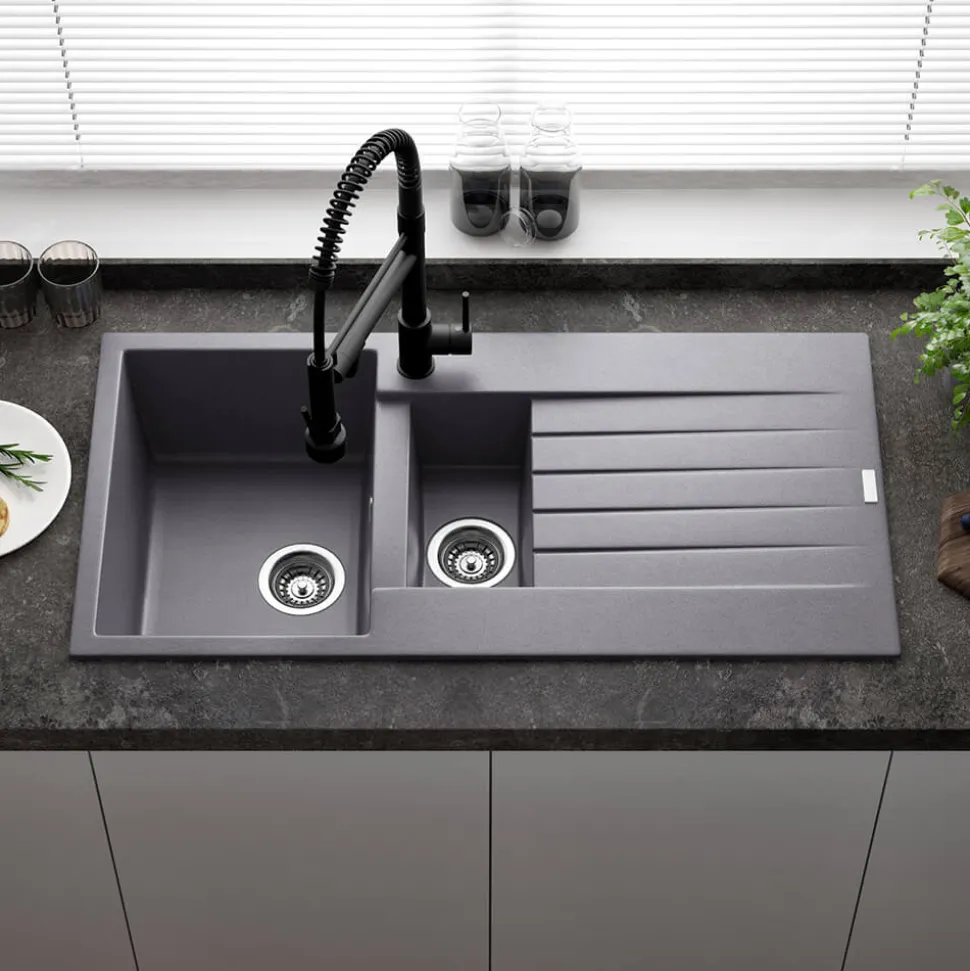 Reginox Harlem 1.5 Bowl Grey Silvery Granite Composite Sink & Waste Kit and Vellamo Revolve Stainless Steel Mono Kitchen Mixer