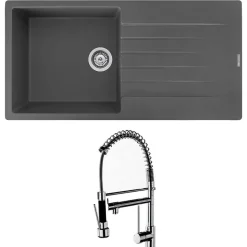 Reginox Harlem 1 Bowl Grey Silvery Granite Composite Sink & Waste Kit and Vellamo Hanbury Pull Out Mono Kitchen Mixer
