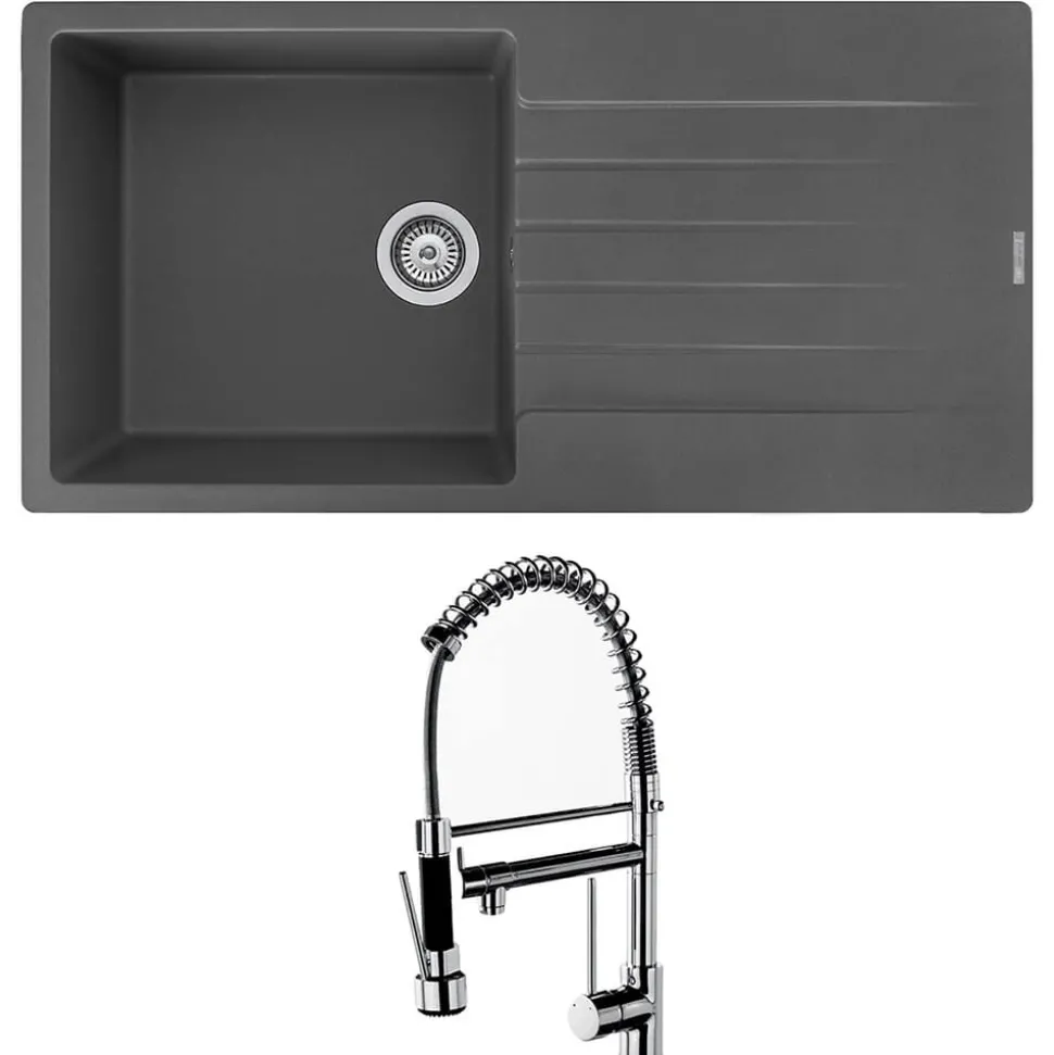 Reginox Harlem 1 Bowl Grey Silvery Granite Composite Sink & Waste Kit and Vellamo Hanbury Pull Out Mono Kitchen Mixer