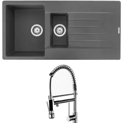 Reginox Harlem 1.5 Bowl Grey Silvery Granite Composite Sink & Waste Kit and Vellamo Hanbury Pull Out Mono Kitchen Mixer