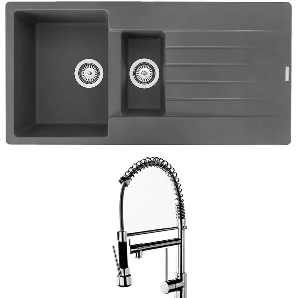 Reginox Harlem 1.5 Bowl Grey Silvery Granite Composite Sink & Waste Kit and Vellamo Hanbury Pull Out Mono Kitchen Mixer