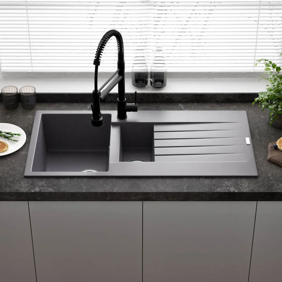 Reginox Harlem 1.5 Bowl Grey Silvery Granite Composite Sink & Waste Kit and Vellamo Hanbury Pull Out Mono Kitchen Mixer