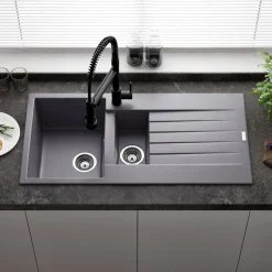 Reginox Harlem 1.5 Bowl Grey Silvery Granite Composite Sink & Waste Kit and Vellamo Hanbury Pull Out Mono Kitchen Mixer