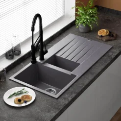 Reginox Harlem 1.5 Bowl Grey Silvery Granite Composite Sink & Waste Kit and Vellamo Hanbury Pull Out Mono Kitchen Mixer