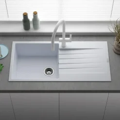 Reginox Harlem 1 Bowl White Granite Composite Sink & Waste Kit and Vellamo Hanbury Pull Out Mono Kitchen Mixer