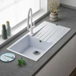 Reginox Harlem 1 Bowl White Granite Composite Sink & Waste Kit and Vellamo Hanbury Pull Out Mono Kitchen Mixer
