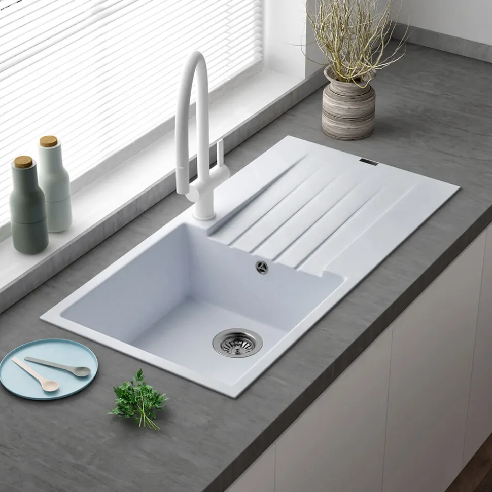 Reginox Harlem 1 Bowl White Granite Composite Sink & Waste Kit and Vellamo Hanbury Pull Out Mono Kitchen Mixer