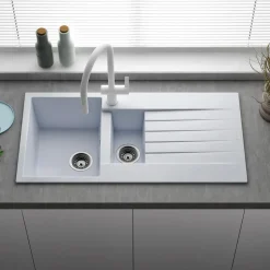 Reginox Harlem 1.5 Bowl White Granite Composite Sink & Waste Kit and Vellamo Hanbury Pull Out Mono Kitchen Mixer
