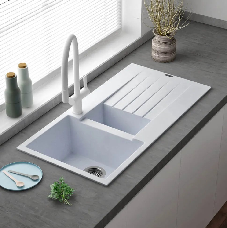 Reginox Harlem 1.5 Bowl White Granite Composite Sink & Waste Kit and Vellamo Hanbury Pull Out Mono Kitchen Mixer