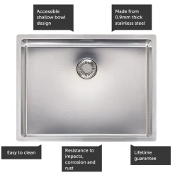 Reginox New Jersey Accessible Shallow Single Bowl Stainless Steel Inset / Undermount Kitchen Sink & Waste Kit - 540 x 410mm