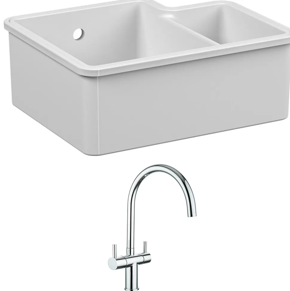 Reginox Tuscany 1.5 Bowl Undermount Ceramic Sink & Waste Kit and Vellamo Caspian Dual Lever Mono Kitchen Mixer