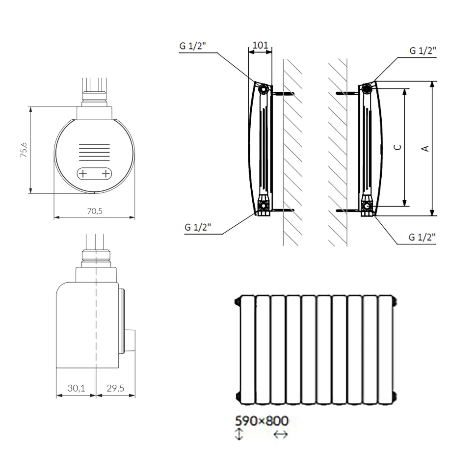 Terma Bergamo Electric Single Panel Horizontal Radiator with VEO Wi-Fi Controlled Heating Element