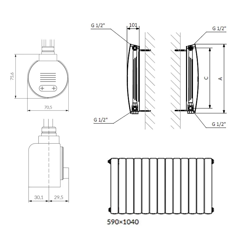 Terma Bergamo Electric Single Panel Horizontal Radiator with VEO Wi-Fi Controlled Heating Element