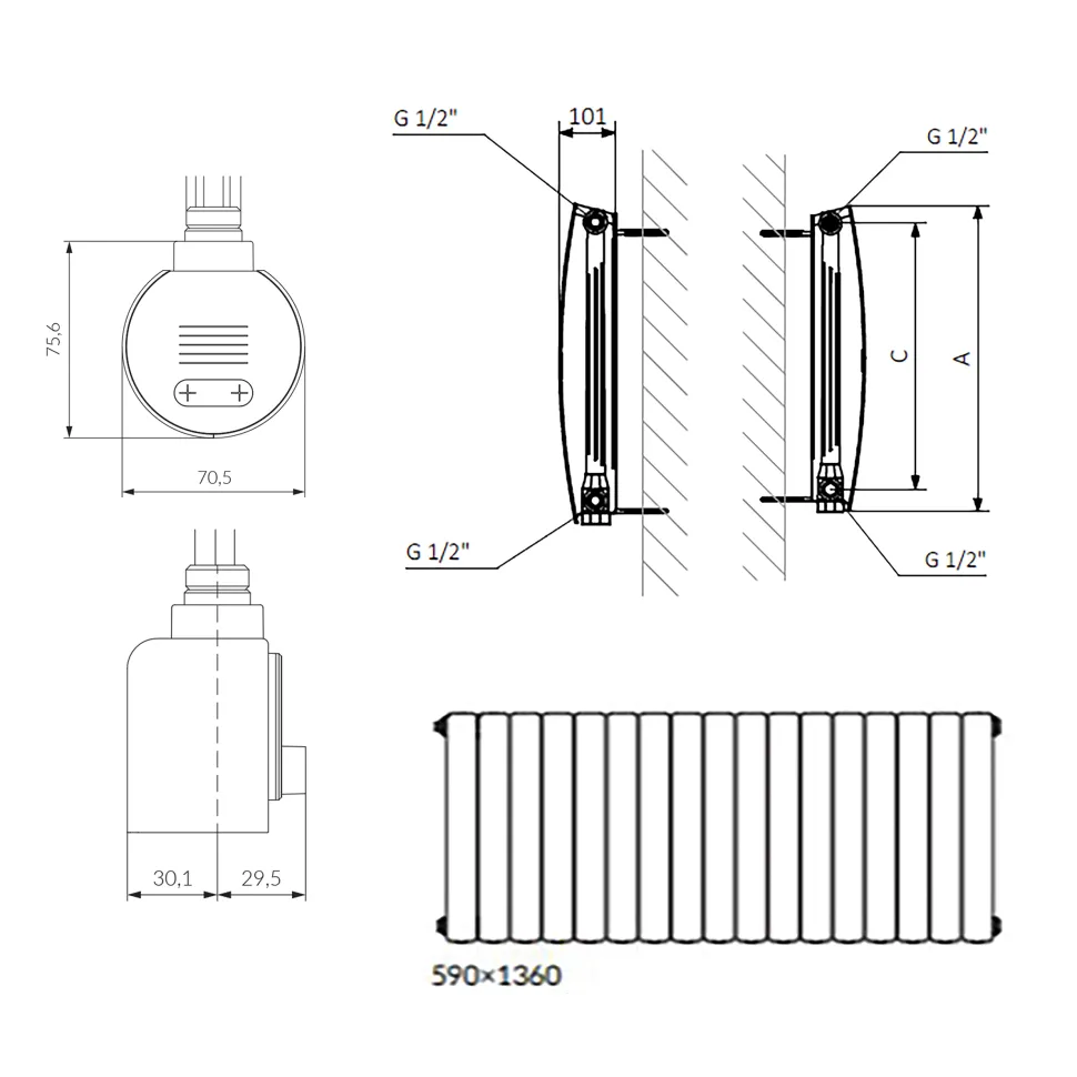 Terma Bergamo Electric Single Panel Horizontal Radiator with VEO Wi-Fi Controlled Heating Element