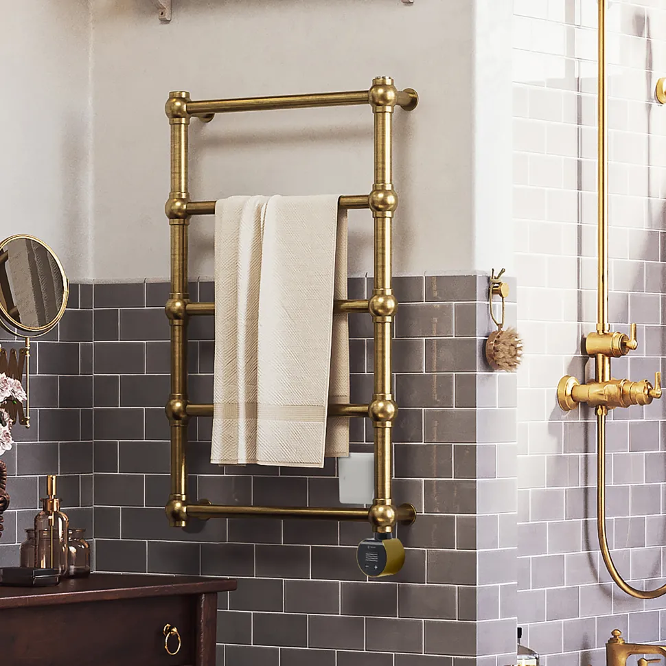 Terma Retro Brushed Brass Electric Heated Towel Rail with VEO Wi-Fi Controlled Heating Element