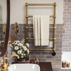 Terma Retro Brushed Brass Electric Heated Towel Rail with VEO Wi-Fi Controlled Heating Element