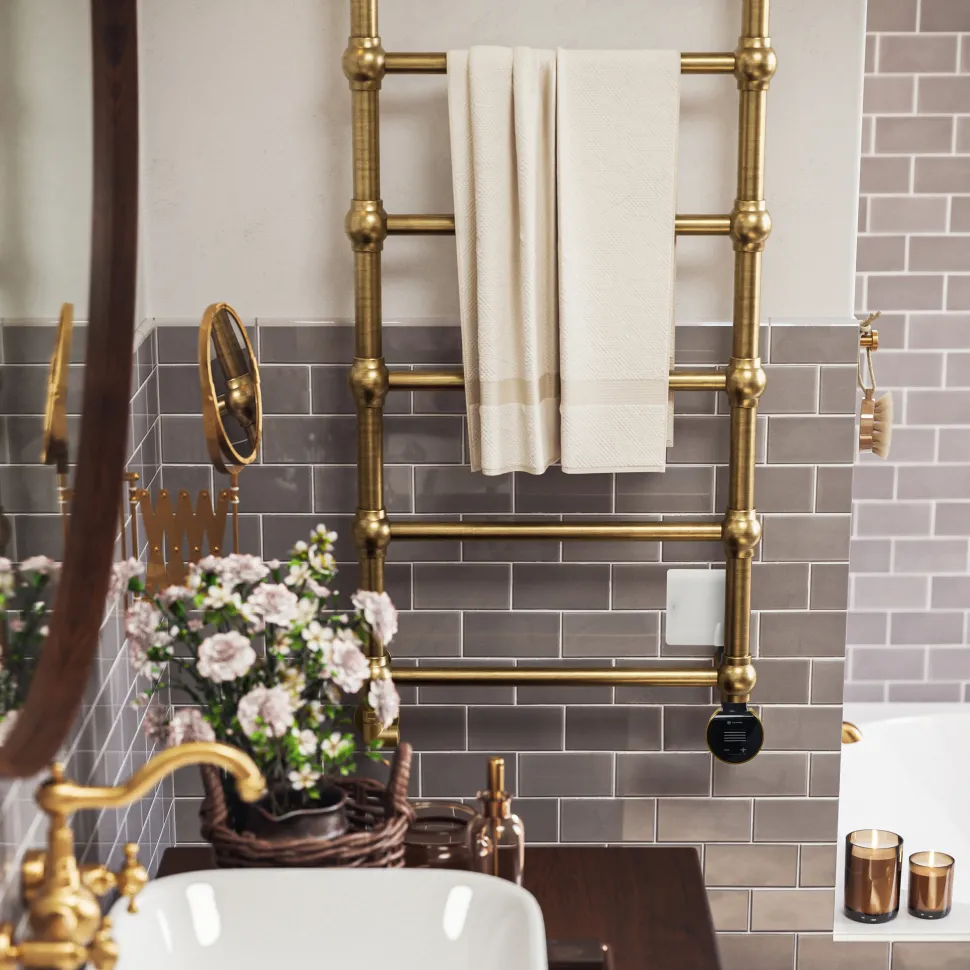 Terma Retro Brushed Brass Electric Heated Towel Rail with VEO Wi-Fi Controlled Heating Element