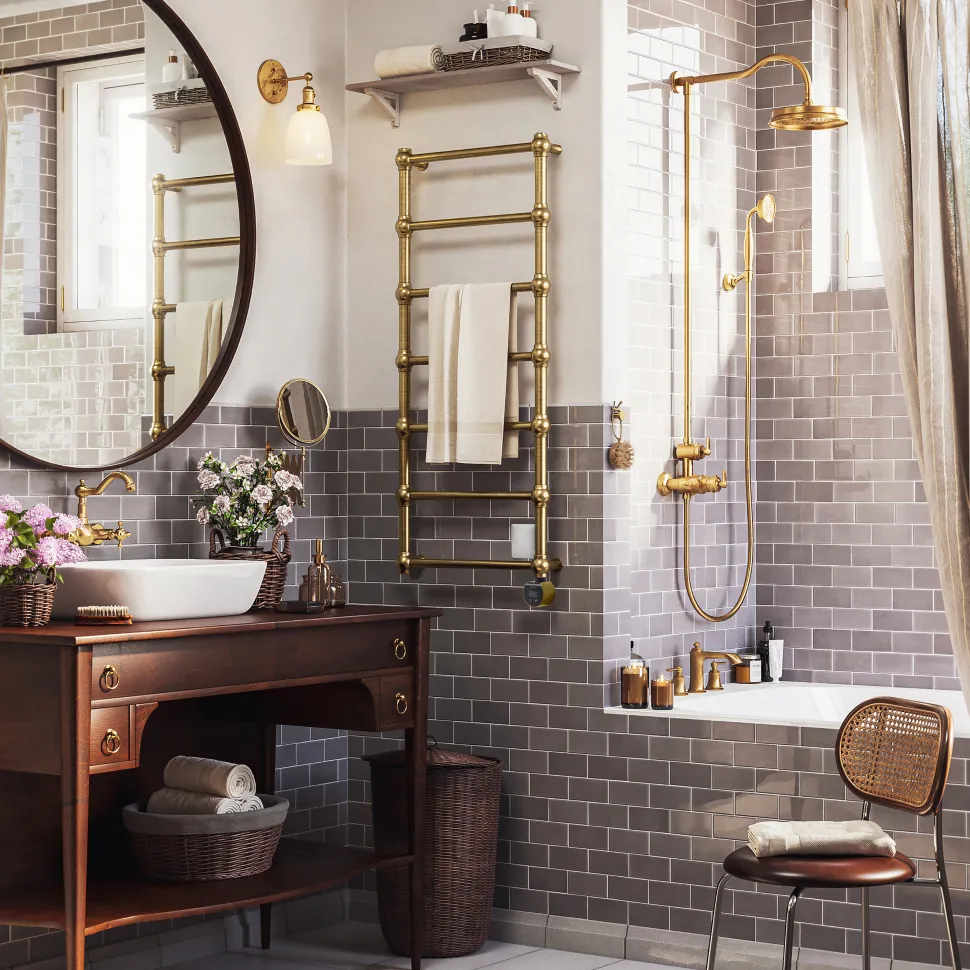 Terma Retro Brushed Brass Electric Heated Towel Rail with VEO Wi-Fi Controlled Heating Element