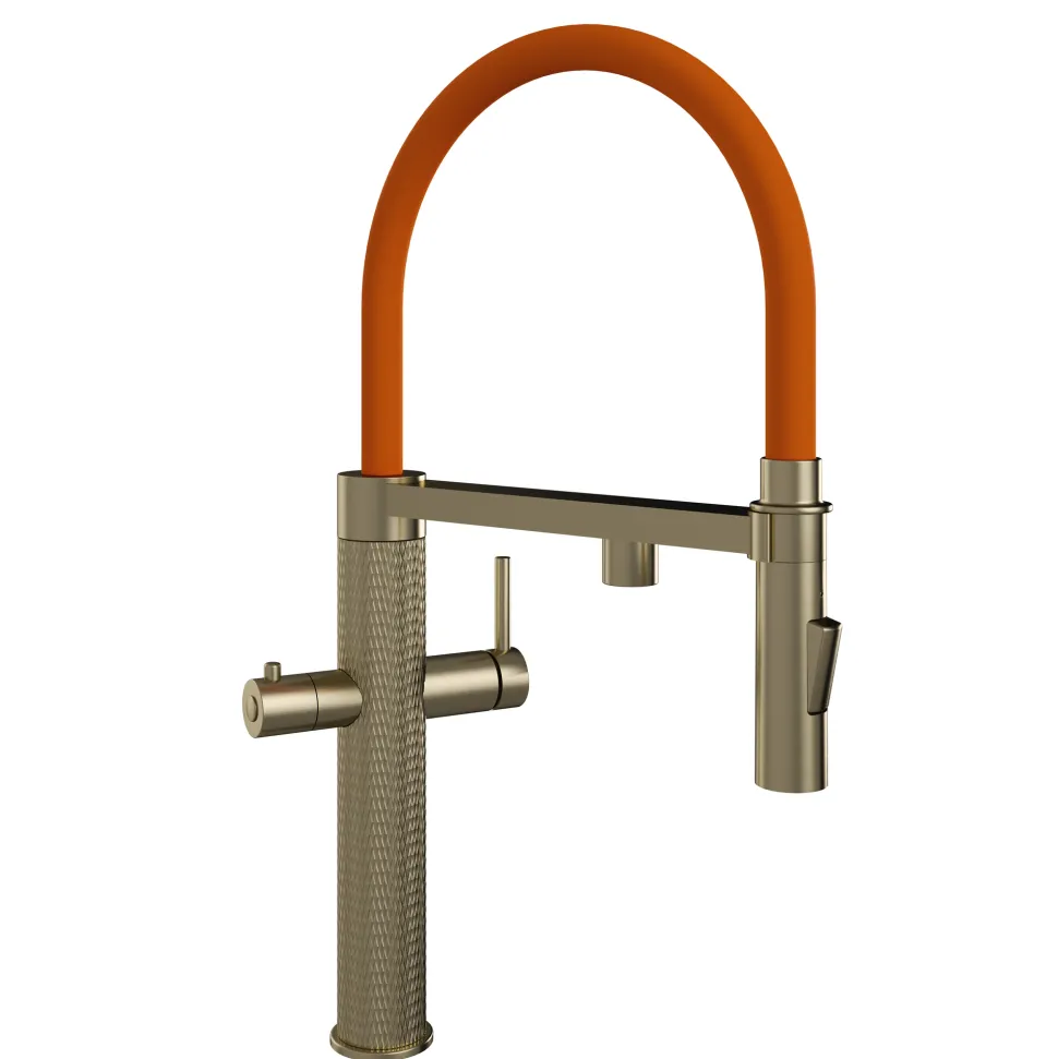 The Tap Factory Quilt Tube Brushed Brass Pull Out Spray Boiling Water Kitchen Mixer with Filtered Cold Drinking Water & Coloured Spout