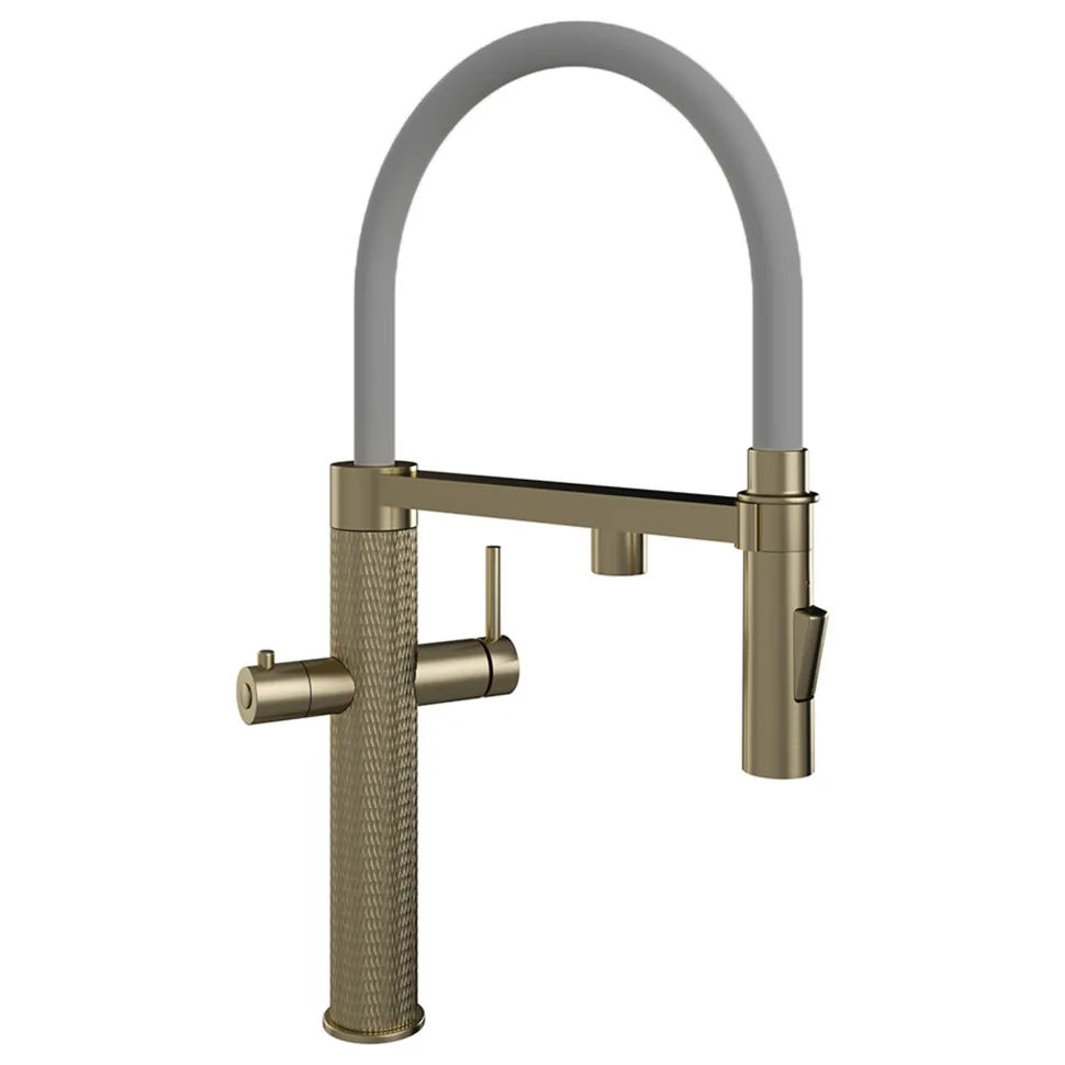 The Tap Factory Quilt Tube Brushed Brass Pull Out Spray Boiling Water Kitchen Mixer with Filtered Cold Drinking Water & Coloured Spout