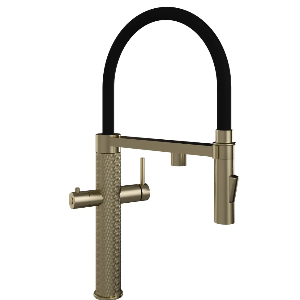 The Tap Factory Quilt Tube Brushed Brass Pull Out Spray Boiling Water Kitchen Mixer with Filtered Cold Drinking Water & Coloured Spout