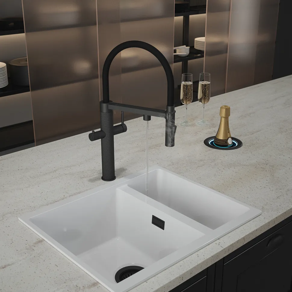 The Tap Factory Quilt Tube Vanto Black Pull Out Spray Boiling Water Kitchen Mixer with Filtered Cold Drinking Water & Coloured Spout