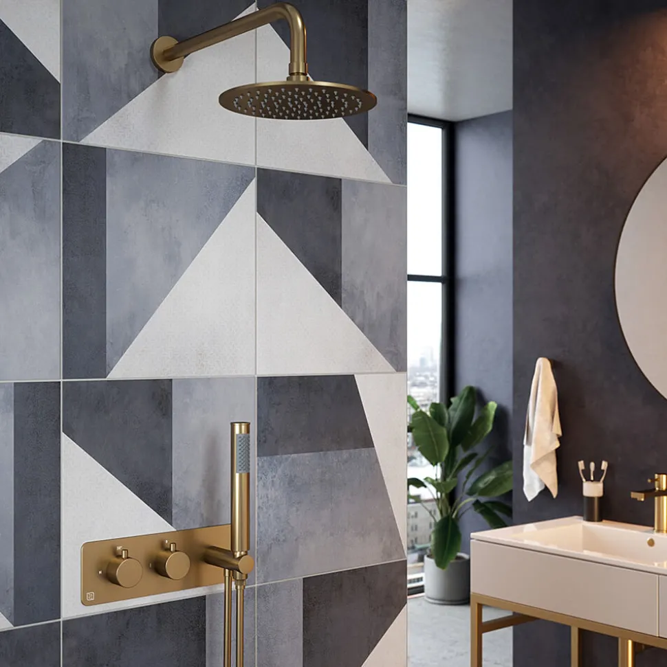The Tap Factory Vibrance Brushed Brass WRAS Approved Concealed Thermostatic Shower Valve with Fixed Shower Head and Shower Handset