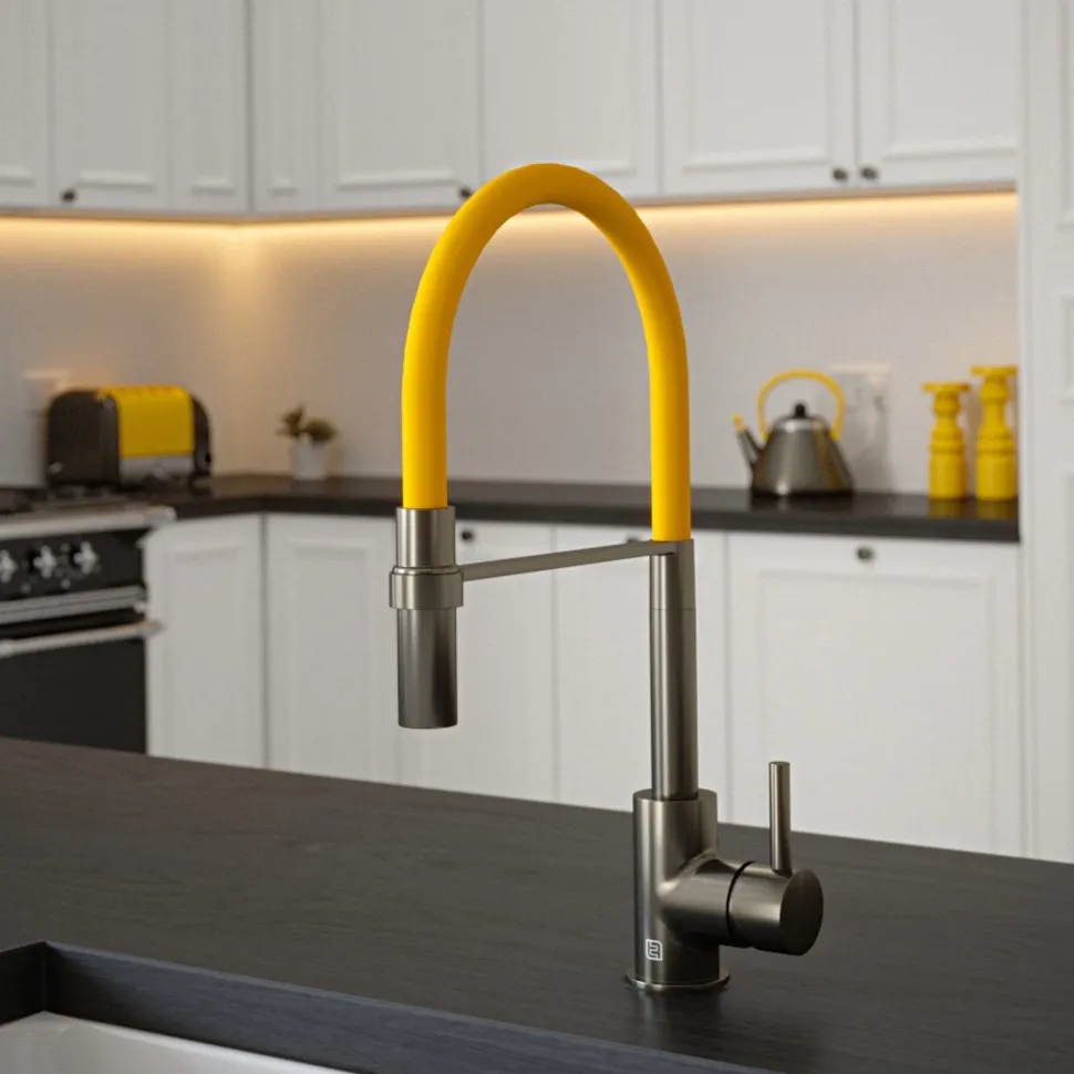 The Tap Factory Vibrance Tube Gunmetal Mono Pull Out Kitchen Mixer Tap with Coloured Spout