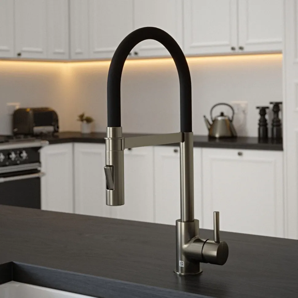 The Tap Factory Vibrance Tube Gunmetal Mono Pull Out Kitchen Mixer Tap with Coloured Spout