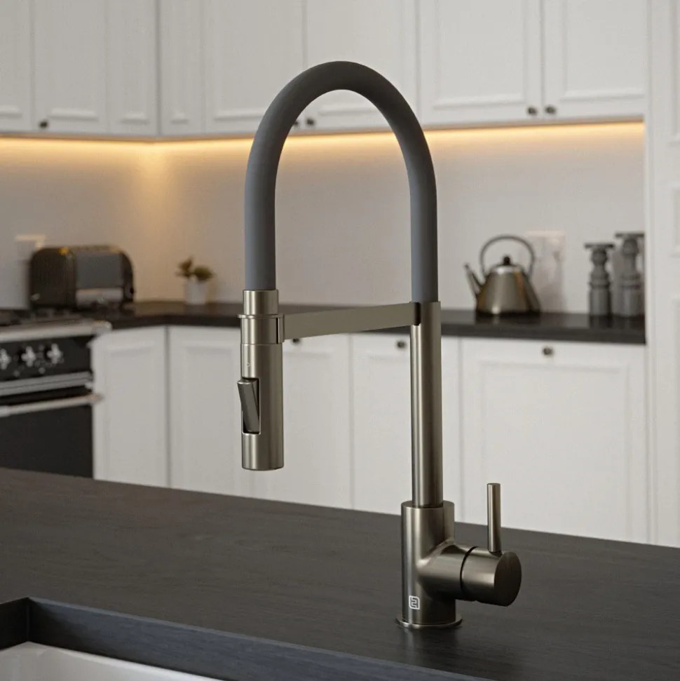 The Tap Factory Vibrance Tube Gunmetal Mono Pull Out Kitchen Mixer Tap with Coloured Spout