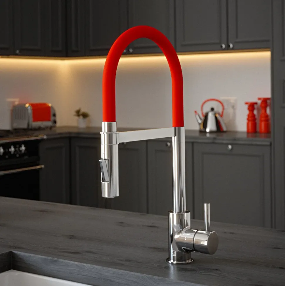 The Tap Factory Vibrance Tube Chrome Mono Pull Out Kitchen Mixer Tap with Coloured Spout