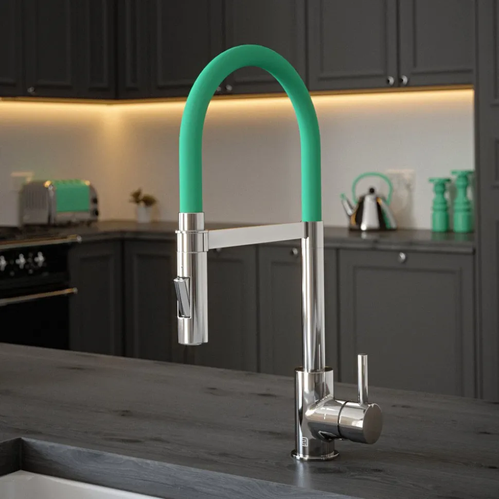 The Tap Factory Vibrance Tube Chrome Mono Pull Out Kitchen Mixer Tap with Coloured Spout
